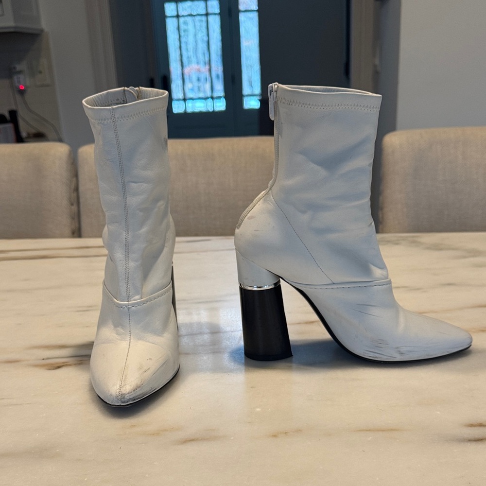 White Mid-Calf Block Heel Boots